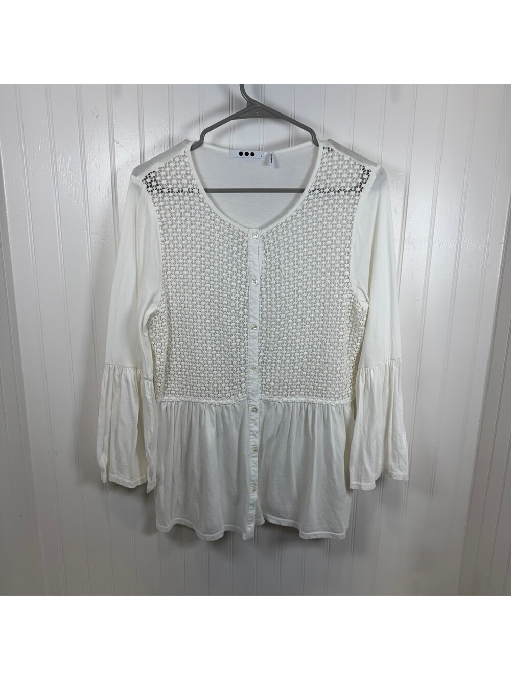 Three Dots USA Women's White Button-Up Blouse Crochet Detail Size M 100% Cotton